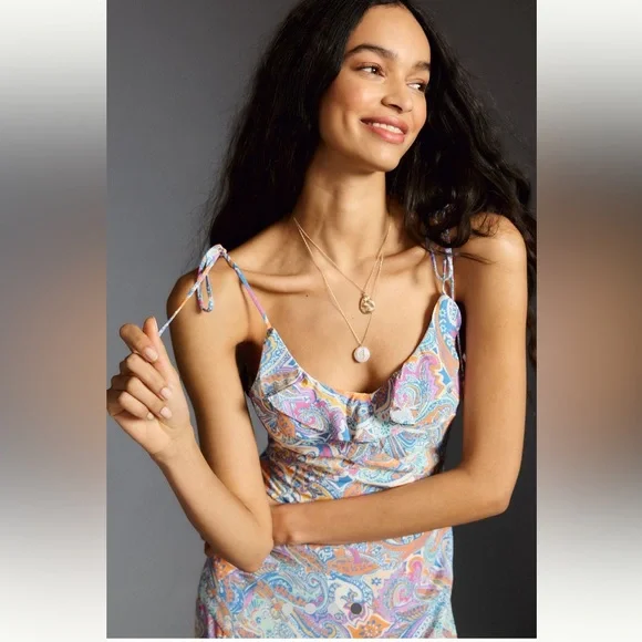 Anthropologie V Neck Ruffle Slip Dress Sz xxs xs 0 2 New $$$ multi color pastels - Picture 2 of 9